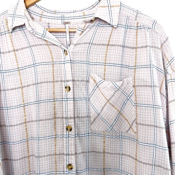Free People Break My Stride Plaid Button Down Collared Shirt Pink Gold Size Med - Picture 3 of 8
